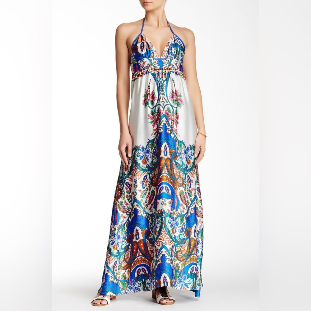 Boston Proper, Paisley Halter Maxi Sundress for Resort Wear, 100% Silk, Size S